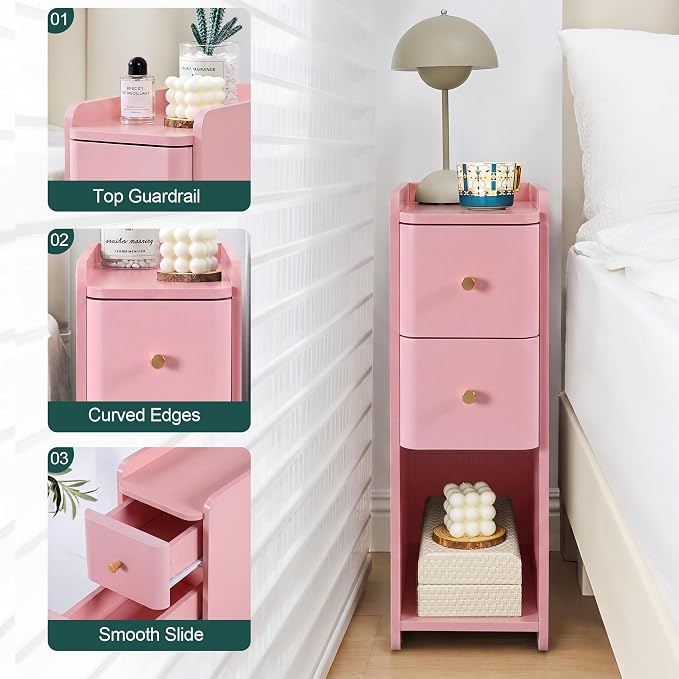 Pink Narrow Nightstand, Wooden Small 2 Drawer Nightstand, Slim Side End Table, Skinny Bedside Table, Mid Century Modern Night Stand with Drawers, for Living Room (Pink-1 pc)