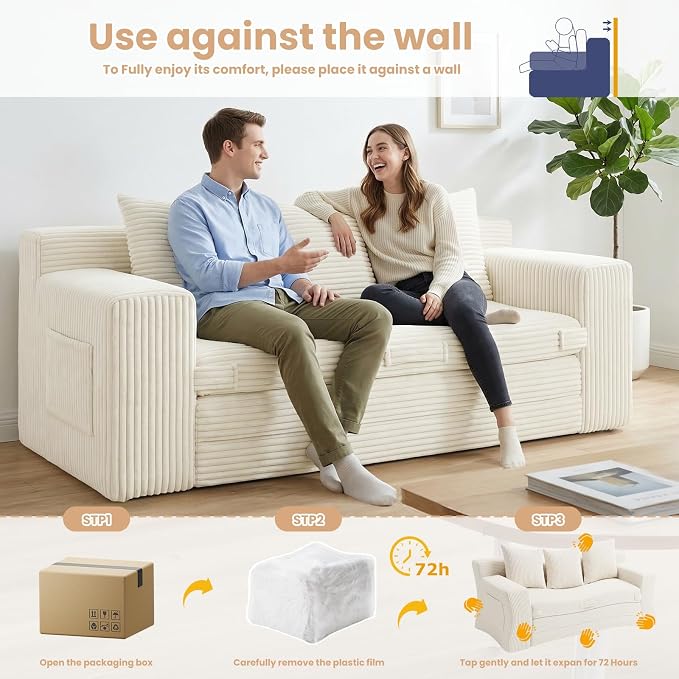 Boneless Couch Sofa Bed, 70'' Convertible Tri-Folding Futon Sleeper with Handle & Side Pockets, Pull Out Couch Bed with Hook and Loop No Assembly for Small Space,Living Room & Bedroom