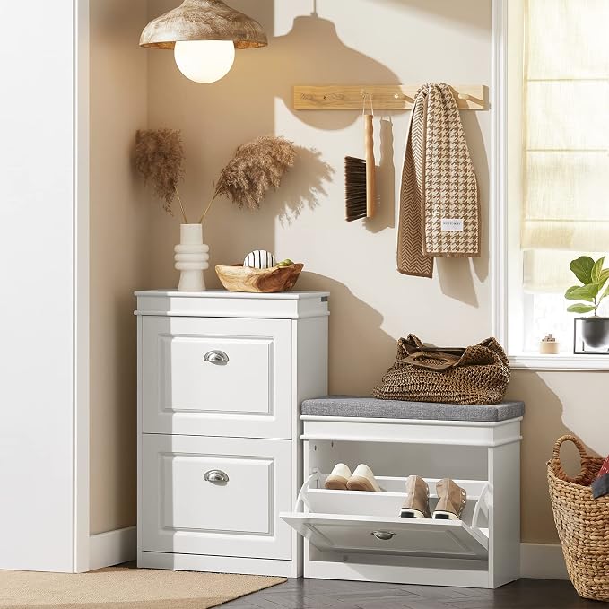 Haotian Shoe Storage Bench, Small Shoe Cabinet for Entryway, Narrow Shoe Rack with 1 Flip-Drawer and Seat Cushion, White, FSR82-K-W