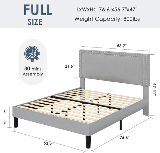 VECELO Full Size Platform Bed Frame with Height Adjustable Upholstered Headboard, Modern Mattress Foundation,Strong Wood Slat Support, No Box Spring Needed, Easy Assembly,Light Grey