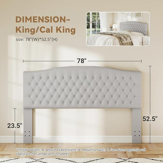 King Headboard Only, Velvet Classic Tufted Design, Light Gray | 2 installation options: 1.bed frame mount 2.wall mount (for adjustable bed), Classic hand-tufted headboard king size