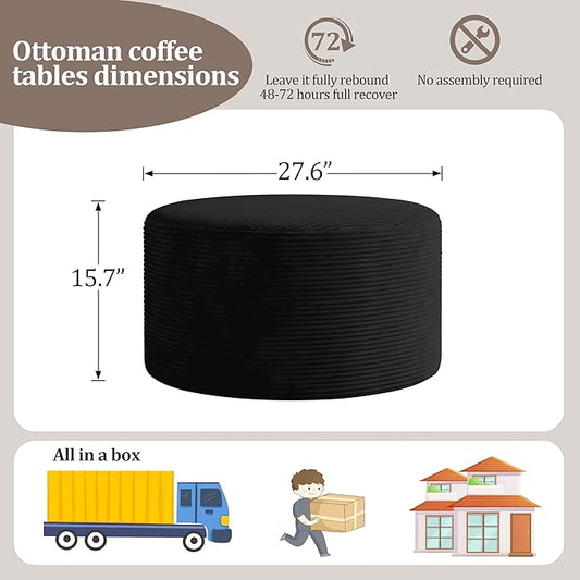 BSHOMGI Round Coffee Table Ottoman for Corduroy Cloud Sectional Couches in a Box Memory Foam Compressed Pouf Footstool Rest for Living Room, Bedroom, Makeup Room No Assembly Require(Black, 27.6")