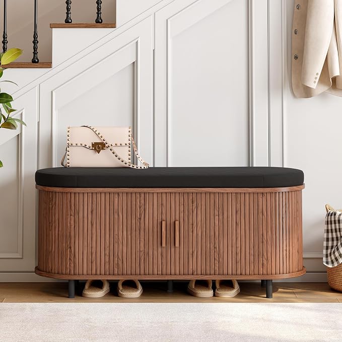 ONBRILL 43" Shoe Bench with Storage, Fluted Shoe Storage Bench with Cushion, Sliding Door and Adjustable Shelf, for Entryway, Hallway, Living Room, Walnut