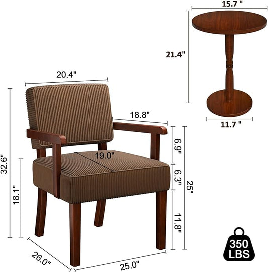 FAGAGA Corduroy Accent Chair Set of 2 with Table, Mid Century Modern Armchairs with Solid Wood Frame, Oversized Reading Leisure Chair (Corduroy Brown, Set of 2 with Table)