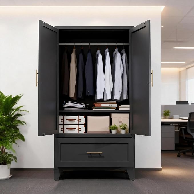 Anwick Metal Wardrobe Closet, 60" Tall Black Metal Wardrobe Cabinet with Hanging Rod, 1 Drawer, 2 Doors and Adjustable Shelf for Bedroom Guest Room Laundry Room