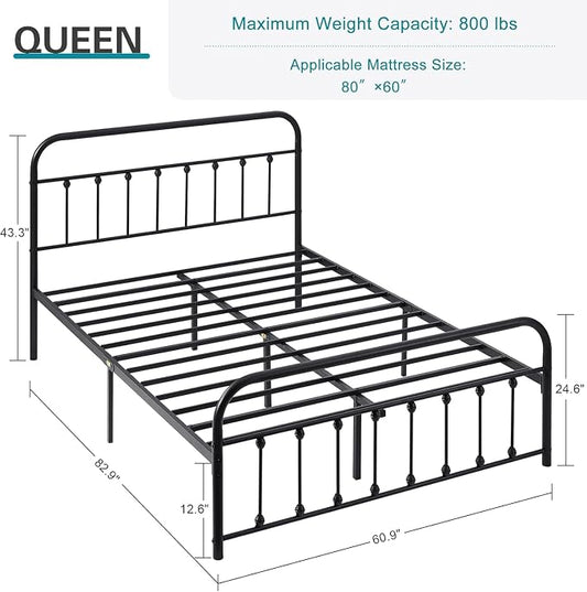 VECELO Queen Metal Platform Bed Frame with Headboard, Heavy Duty Steel Slat Support, Under Bed Storage,No Box Spring Needed, Easy Assembly,Victorian Style