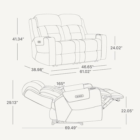 Watson & Whitely Genuine Leather Power Loveseat Recliner Sofa, Lay Flat Loveseat Reclining Sofa with Power Headrest, Cup Holders, USB & Type-C Ports, Dual Recliners for Living Room, Cream
