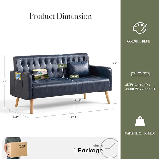 Blue Leather Loveseat and Accent Chair, Small Couch w/USB Charging & Pockets, Mid Century Modern Tufted Love Seat and Chair Set, Mini Office Sofa for Living Room, Apartment