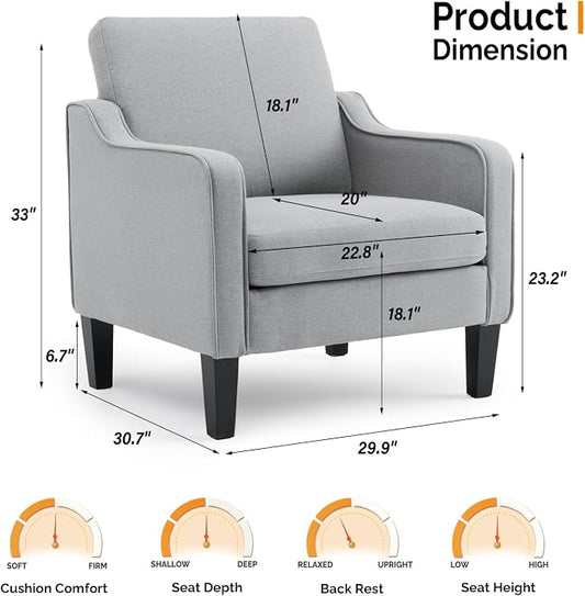 VINGLI Mid Century Modern Accent Chair, Light Grey Fabric Accent Chairs for Living Room Upholstered Armchair with Scooped Arms for Bedroom, Apartment, Studio, Office, Waiting Room