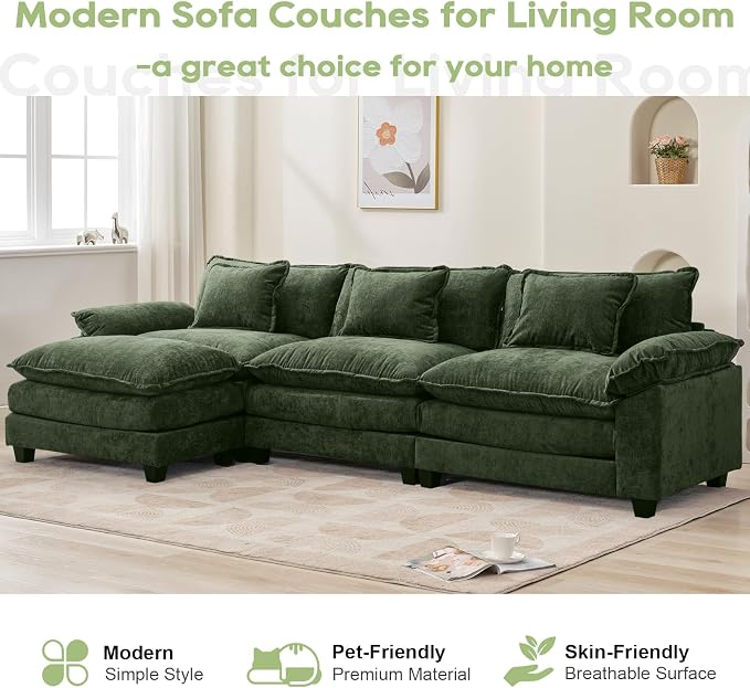 Oprisen 120" Modular Sectional Sofa, Comfy Cloud Couch Sectional Sofa with Ottoman, Chenille Sofa Sleeper Deep Seat Sofa with Throw Pillows for Living Room (Green, 120"- L Shape)