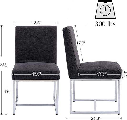 HNY Modern Dining Chairs Set of 2, Upholstered Linen Dining Room Chairs with Ergonomic Back & Polished Silver Metal Frame for Home, Kitchen, Apartment, Charcoal Black
