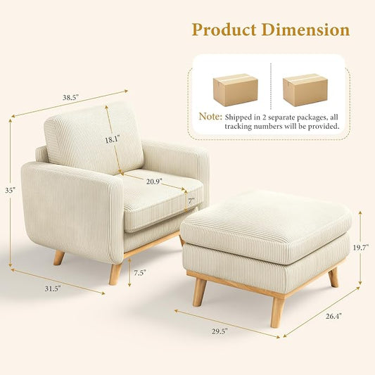 Vesgantti 38.5" Accent Chair with Movable Ottoman, Comfy Corduroy Armchair with Spring Cushion, Reading Chair with Ottoman, Modern Single Sofa for Living Room, Bedroom and Apartment, Beige