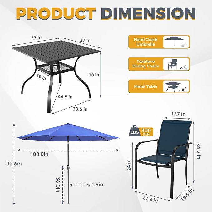 SUNCROWN 6 - Piece Outdoor Dining Set, Patio Furniture Set with 4 Textilene Dinning Chairs, 1 Steel Slat Metal Bistro Table and 1 Dark Blue 9Ft Patio Umbrella for Lawn Garden Backyard Deck, Dark Blue