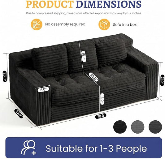 Boneless Couch, Cloud Loveseat Sofa Corduroy Couch in a Box, Upholstered Boneless 3 Seater Couch for Living Room Bedroom Office Apartment, No Assembly Required, Black