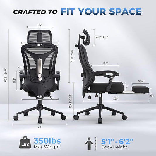CYKOV Ergonomic Office Chair with Footrest - Adjustable Lumbar Support & Headrest, 90-135° Reclining Mesh Back Computer Chair - Home Office/Gaming, 350lbs Capacity