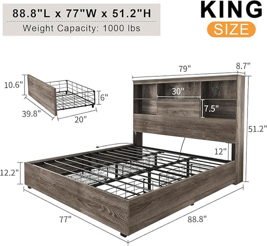 LUXOAK 5-Piece Bedroom Set, 1 X King Size Bed Frame, 2 X Nightstand Set with Charging Station, 1 X 5 Wood Drawer Dresser, 1 X Wood Rustic 6 Drawer Storage Dresser, Farmhouse Bedroom Furniture, Grey