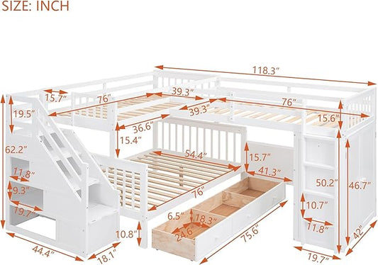L-Shaped Bunk Bed for 4 Kids, Twin-Twin Over Full with 3 Drawers, Portable Desk and Wardrobe, Solid Wood Bedframe with Stairs and Full-Length Guardrails, No Box Spring Needed (White)