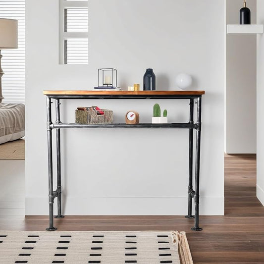 41.3inch Height Industrial Bar Table Rustic Metal Pipe Wood Design Farmhouse Bistro Pub Table Vintage Office Computer Desk Meeting for 4-5 peoplle 2 Tier Storage