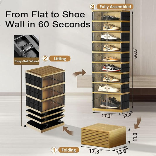 SYNCVIBE Shoe Rack Organizer for Closet Entryway Foldable Sneaker Storage Shoe, Collapsible Shoe Cabinet, Stackable Shoe Storage Cabinet with Lids for Living Room (9 Tiers -18 Pairs Black Gold)