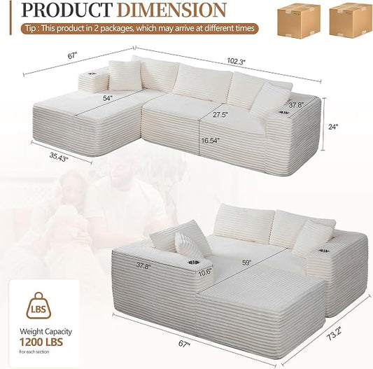 Vongrasig 103" Boneless Sectional Couches for Living Room, L-Shaped Chaise Modular Cloud Couch with Cup Holders on Armrests, Plush Corduroy Comfy Sofa with Memory Foam, No Assembly Required (Beige)
