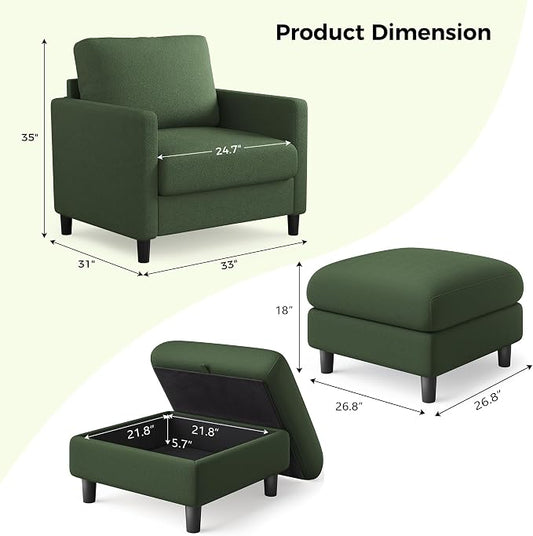 Welzona Sofa Accent Chair with Ottoman, 33" Reading Chair and Ottoman Set for Bedroom, Tool-Free Setup Living Room Accent Chairs, Comfy Arm Chairs Living Room, All-Wood Reading Nook, Green