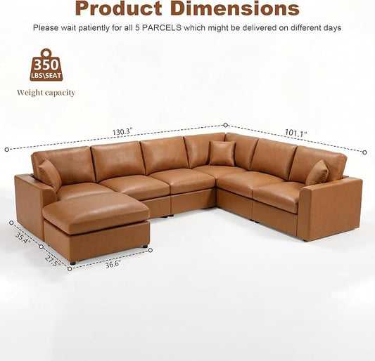 Oversized Leather Modular Sectional Sofa for Living Room, Brown | Extra Deep Seat, Pet-Friendly, Easy to Clean, Easy to Assemble, with Ottoman, Large 7 Seater U Shaped Cloud Couch