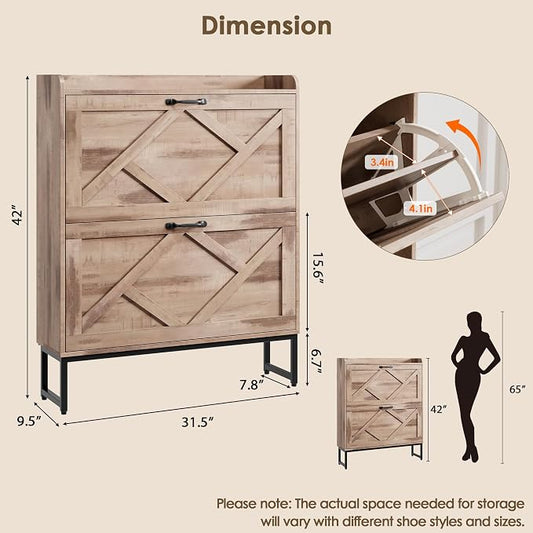 Nicetree Shoe Cabinet with 2 Flip Drawers,Freestanding Shoe Storage Cabinet, Narrow Shoe Organizer Cabinet, Farmhouse Slim Shoe Rack Cabinet for Entryway,Toasted Oak