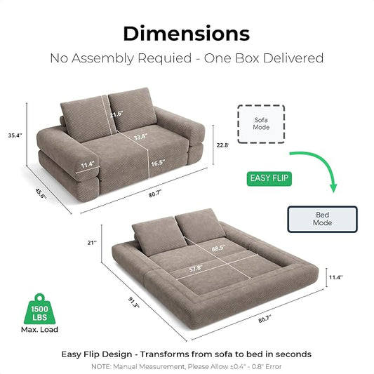 LIKIMIO FlipNest Convertible Sleeper Sofa Bed Floor Sofa 3-in-1 No Assembly, Foldable Mattress with Corduroy Upholstery Light Brown, Lounge Loveseat Couch for Living Room Studio Guest Room