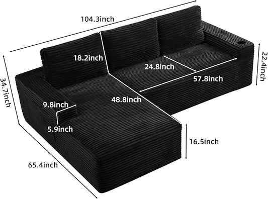 104" L Shaped Boneless Sectional Couches for Living Room, Comfy Corduroy Floor Cloud Sofa with Chaise and Cup Holder, Wide Armrest, Deep Seat, Assembly Free, Ideal for Small Spaces, Black