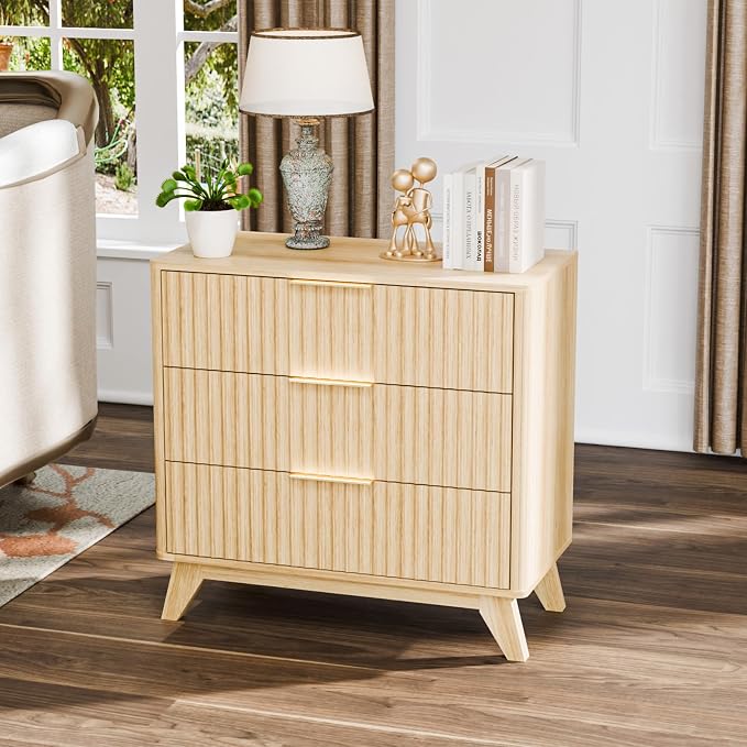 VINGLI Fluted Wood Nightstand 3 Drawer, 31.5" W Mid Century Modern Nightstand Tall, Fluted Bedside Table, End Table, Night Stand for Bedroom, Oak, 31.5" W*15.96" D*29.72" H