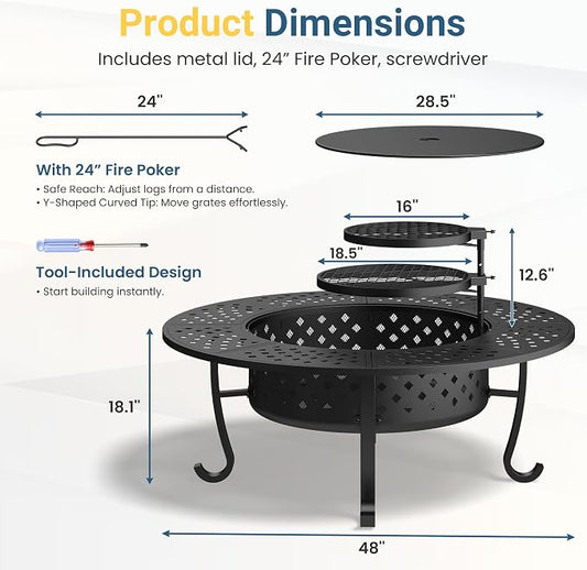 Wisteria Lane 3 in 1 48" Extra Large Fire Pit for Outside Wood Burning with 2 Adjustable Grills, Outdoor Fireplace with Lid and Fire Poker, BBQ & Bonfire & Round Metal Table for Patio, Backyard