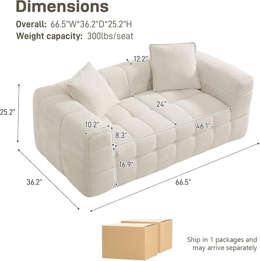 66.5" Loveseat Boneless Couch,Comfy Cloud Sectional Sofa with Deep Seat,Modern Upholstered Chenille Love Seat Sofa, Small Couches for Living Room, No Assembly Required Tufted Sofas, Beige White