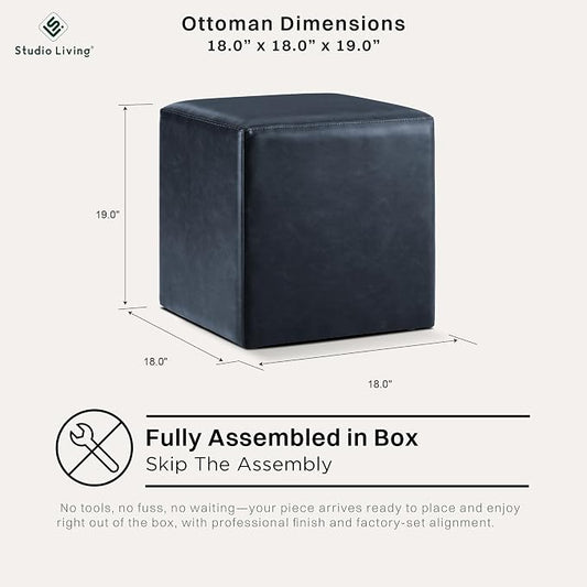 Studio Living® 18” Warren Ottoman Square Faux Leather Bench, Stationary Ottomans, Backless Chair, Footrest for Living Room, Footstool Office, Bedroom, Padded Seat, Navy Blue