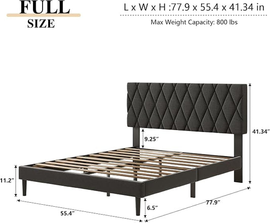 CXVX Full Size Bed Frame with Diamond Tufted Headboard, Linen Upholstered Platform Bed and Wooden Slat Support, Noise-Free, No Box Spring Needed, Easy Assembly, Dark Grey