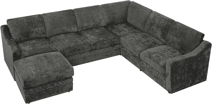 115 Inches Chenille Sectional Sofa with Storage Ottoman, Modern 7 Seats Corner Couch with Deep Seat, Comfy Modular U Shaped Couch with Comfortable Cushions for Living Room, Grey