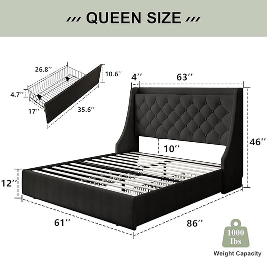 Feonase Upholstered Queen Size Bed Frame with 4 Storage Drawers, Storage Bed with Charging Station, Large Wingback Headboard, No Box Spring Needed, Black