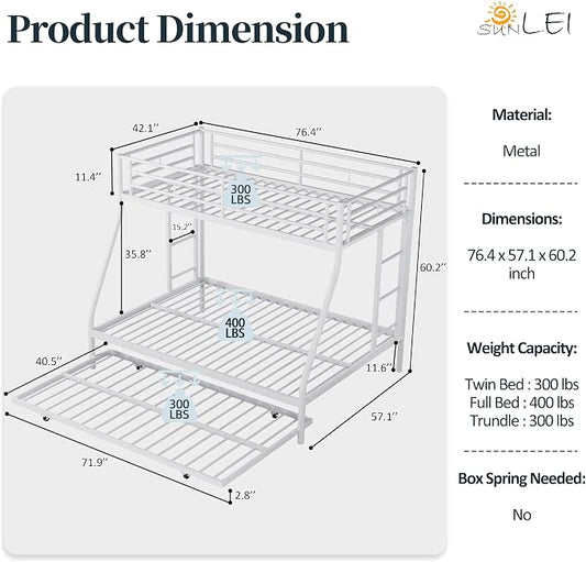 SUNLEI Metal Bunk Beds with Double Secured Ladders, Twin Over Full Bunk Bed with Surrounded Safety Guardrails, Space Saver Twin Beds, Noise Free for Small Bedroom, with Trundle, White