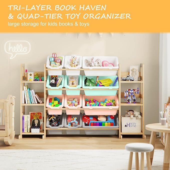 EXPERLAM Extra Large Toy Storage - Toy Storage Organizer, Wooden Toy Organizer with 6 Side Shelves and 12 Bins, 3-in-1 Bookshelf for Kids Rooms, Playroom, Nursery, Multi Color