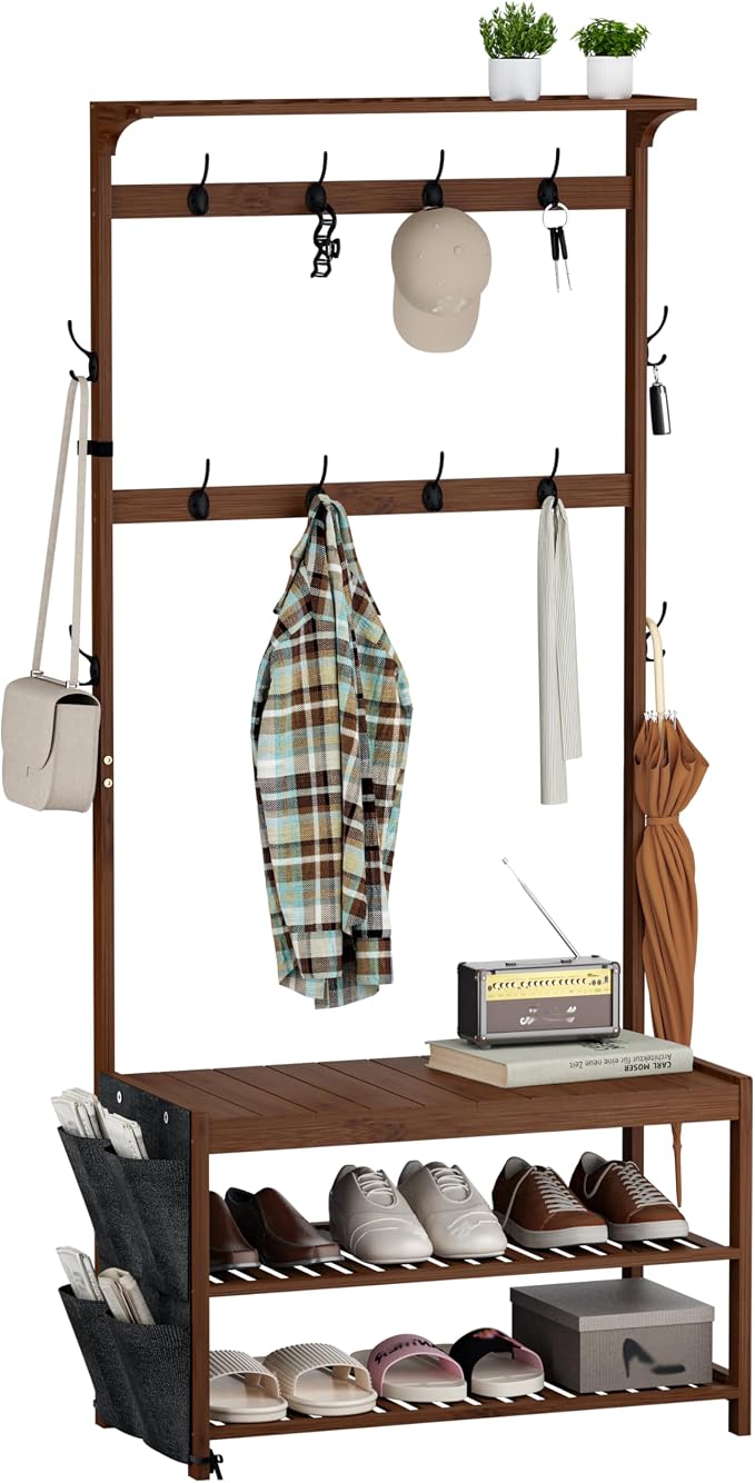 AMBIRD Hall Tree with bench and shoe storage, Entryway Bench with shoe storage, 6-in-1 Coat Rack with Cloth Bag and 12 Coat Hooks, Sturdy Bamboo Frame, Brown 31 * 15 * 70 Inches