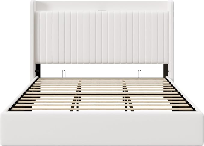 Allewie King Size Lift Up Storage Bed Frame,Storage Shelf Headboard with Charging Station,Type-C and USB Ports,Hydraulic Support,Velvet Upholstered Bed Frame,No Box Spring Needed,White