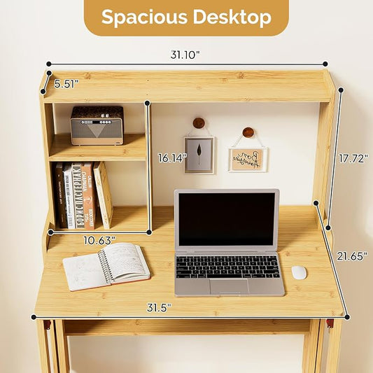 Bamboo Folding Desk with Bookshelf, Compact Computer Desk with Hutch for Small Spaces, Foldable Desk with Storage Shelf, Space-Saving Home Office Desk for Bedroom, Dorm, Apartment,Natural