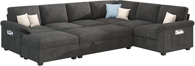 Jocisland 105" Sofa Bed, Sectional Sleeper Sofa with Pull Out Bed/Reclining Backrest, Sleeper Couch Bed with Storage, 6 Seater Couch Bed for Living Room, Chenille Dark Gray
