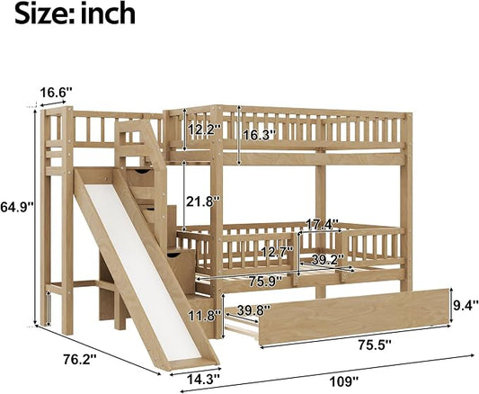 Twin Over Twin Bunk Bed with Storage Staircase, Slide and Trundle,for Kids Teens Adults Bedroom Use (Walnut-ST, Twin Over Twin)