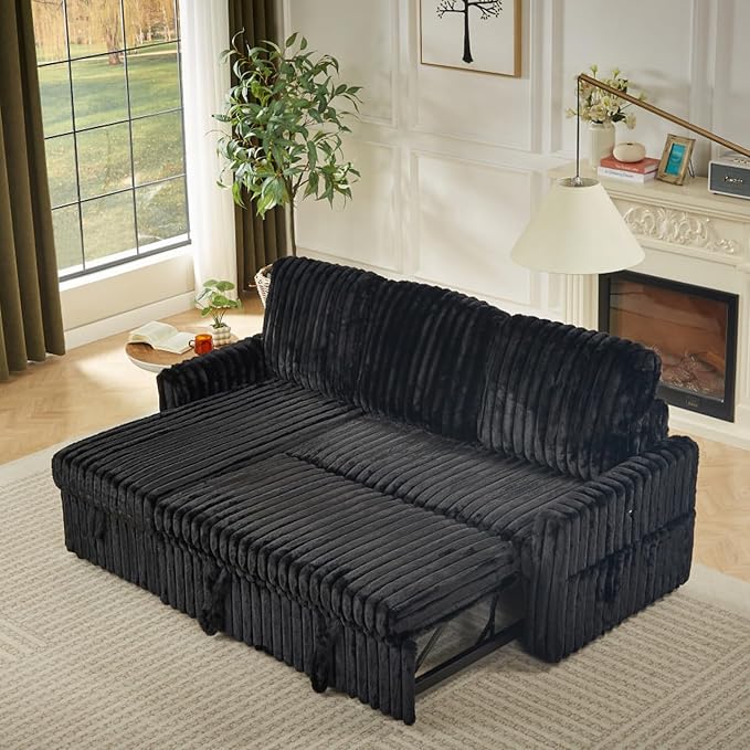 KCGKCG Sleeper Sofa Bed, 81” Pull Out Couch Bed with Reversible Storage Chaise, 3 in 1 L-Shaped Couch with Charging Station, Cup Holder, Side Pocket, Plush Corduroy Couches for Living Room(Black)