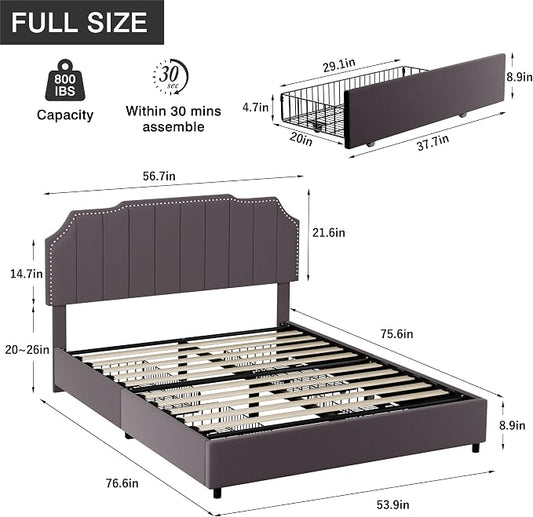 VECELO Full Velvet Upholstered Platform Bed Frame with 4 Rollers Storage Drawers,Full Size Bed with Tufted Height Adjustable Headboard,Wooden Slats/No Box Spring Needed/Easy Assembly