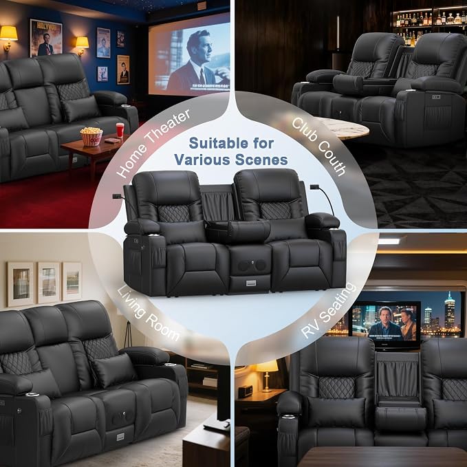 Power Loveseat Recliner Sofa, Electric Reclining Loveseat Couch with Console, Home Theater Seating with Bluetooth Speaker & LED Light, Zero Wall Hugger RV Sofa Furniture with Built-in Outlet & Storage