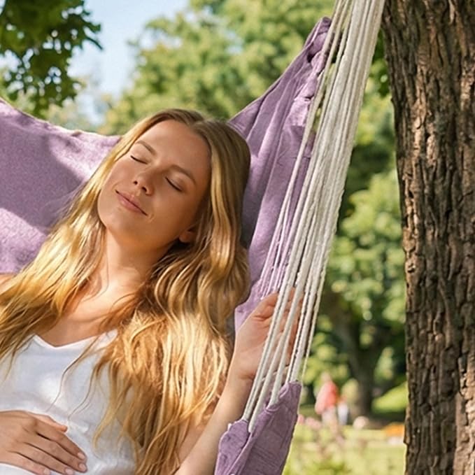 Hammock Chair, Hanging Rope Swing Seat with 2 Cushions,Macrame Hanging Chair Side Pocket with High Load-Bearing Metal Rod,for Indoor, Outdoor, Extra Comfortable (Light Purple)
