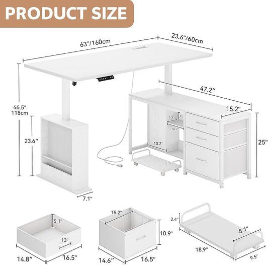 63 Inch L Shaped Desk with 3 Drawers Electric Standing Desks with Storage Computer Table Adjustable Height with Power Outlets 4 Memory Presets for Home Office, White