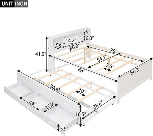 Merax Full Size Platform Bed with Storage Headboard, USB, Wood Bedframe with Twin Size Trundle and 3 Drawers, White