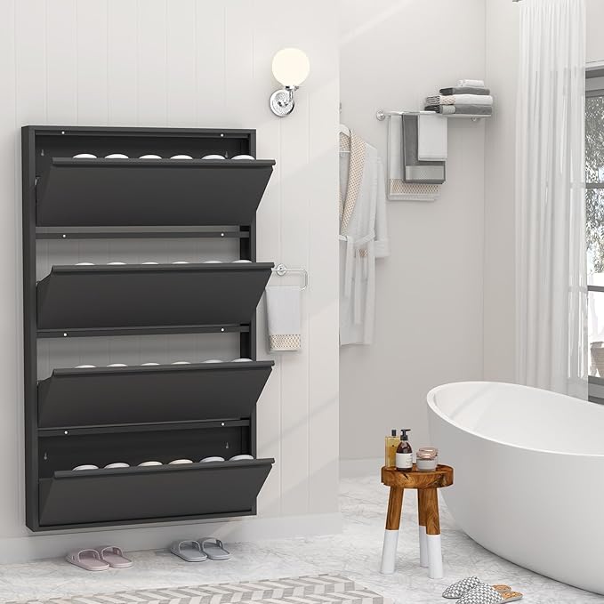 GREATMEET Black Shoe Cabinet Storage for Entryway, Narrow Shoe Cabinet for Entryway Slim, Wall Mounted Metal Hidden Shoe Organizer with 4 Flip Drawers